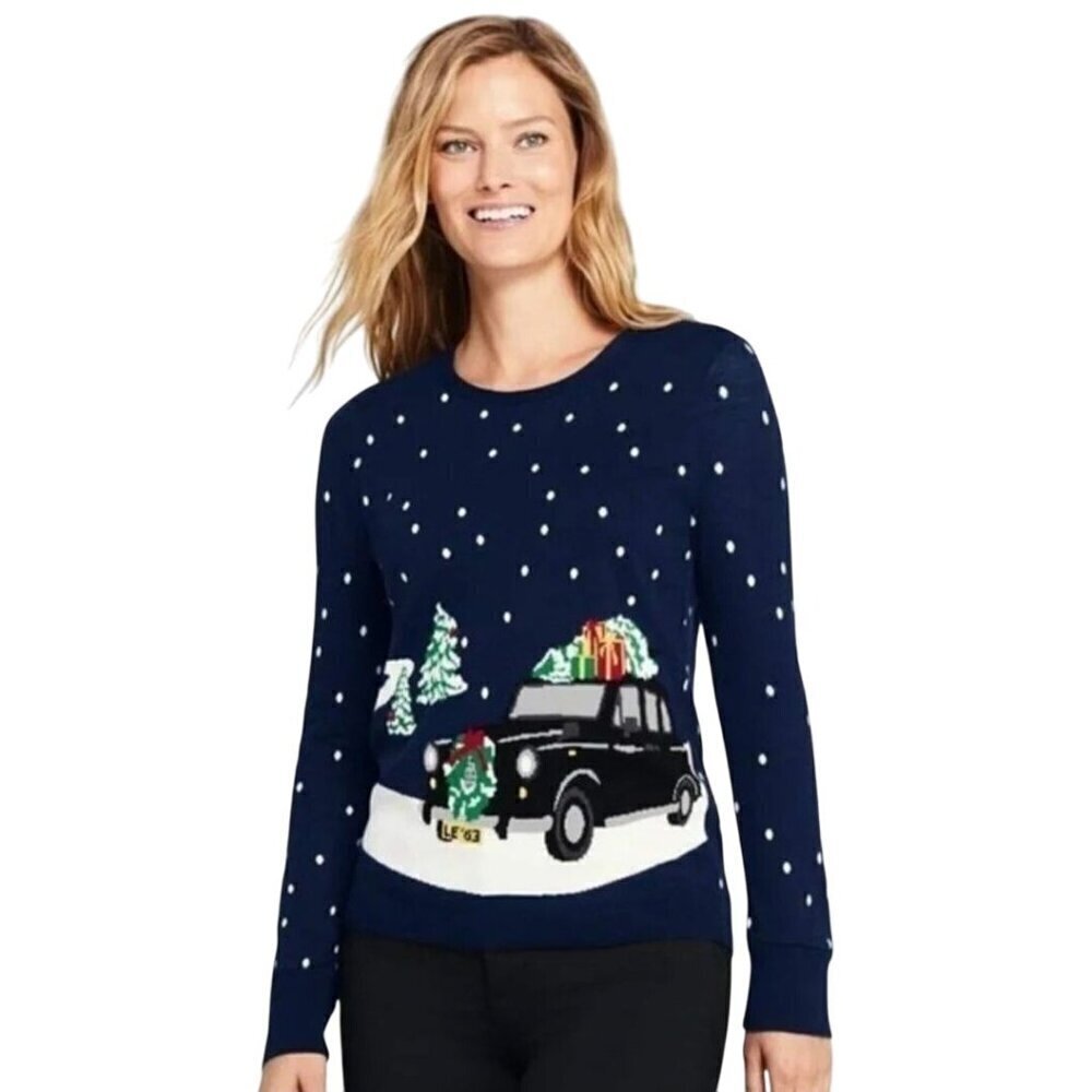 Lands' End Supima Cotton Polka Dot Christmas Car Holiday Sweater Size 1X
